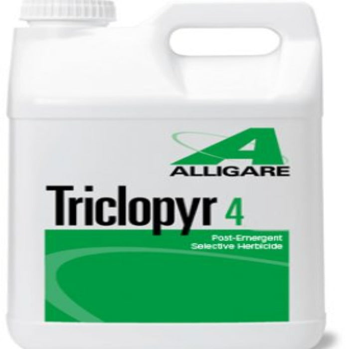 Alligare Triclopyr 4: Post-emergent selective herbicide in a white plastic jug.
