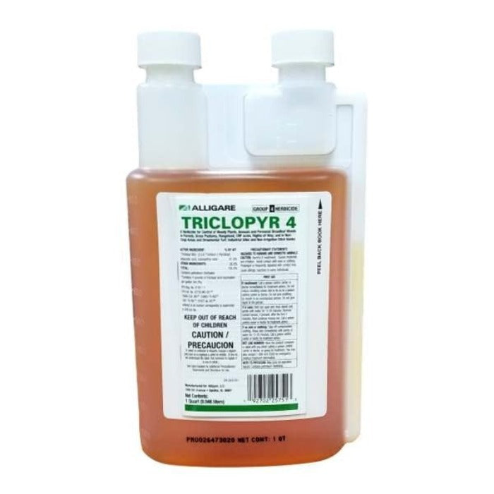 Amber herbicide bottle with detailed product label and usage instructions.
