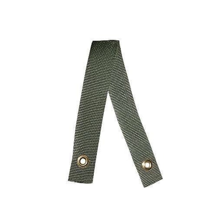 Olive green fabric tree strap with metal grommets.
